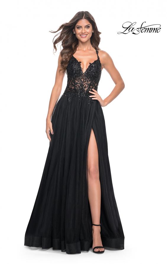 Picture of: Tulle A-Line Gown with Sheer and Beaded Lace Detail in Black, Style: 31471, Detail Picture 5
