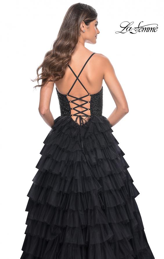 Picture of: Tiered Ruffle Tulle Prom Dress with Rhinestone Embellished Bodice in Black, Style: 32002, Detail Picture 5