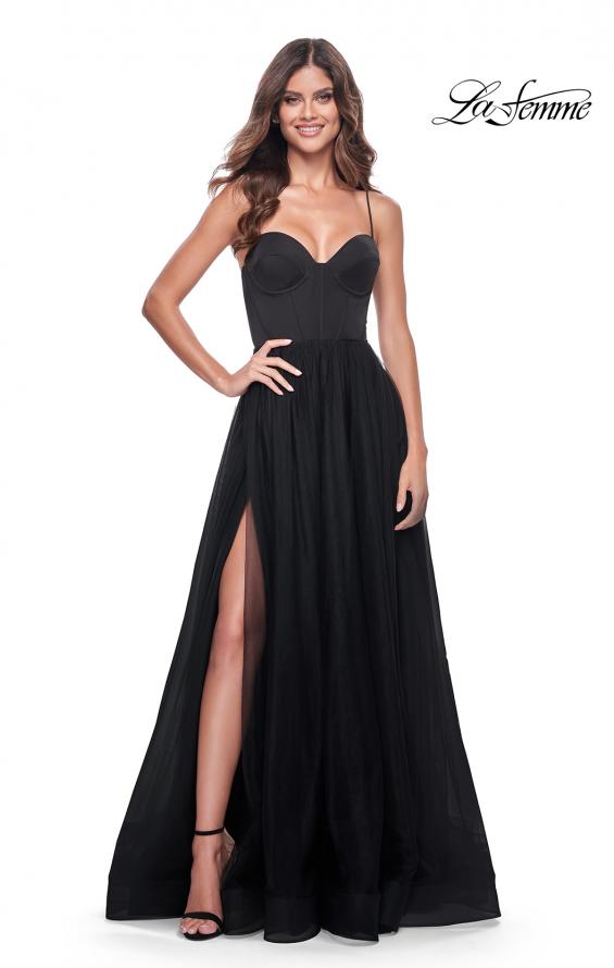Picture of: Tulle A-Line Gown with Satin Bustier Top in Black, Style: 32065, Detail Picture 5
