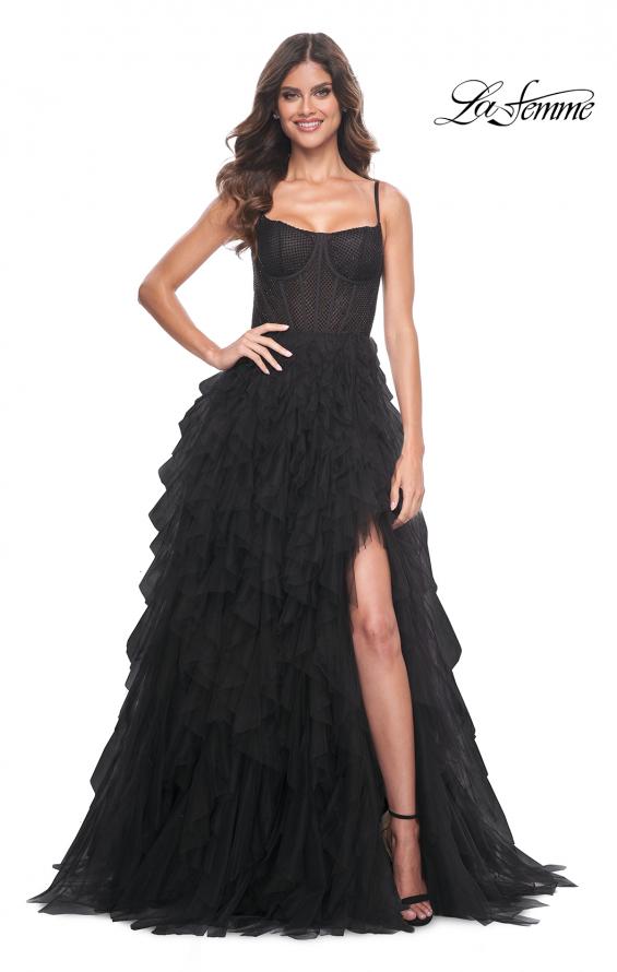 Picture of: Tulle A-Line Dress with Ruffle Skirt and Buster Rhinestone Fishnet Bodice in Black, Style: 32233, Detail Picture 5