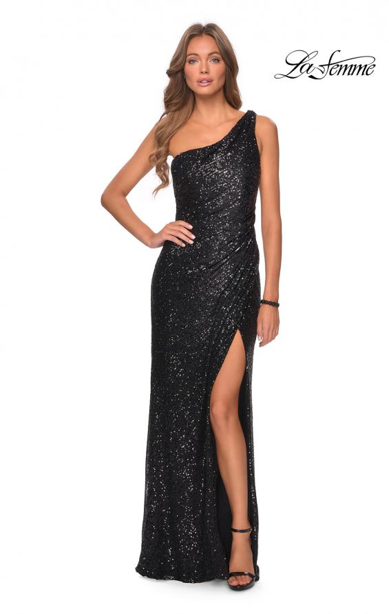 Picture of: Long Sequin One Shoulder Ruched Prom Dress in Black, Style: 28401, Detail Picture 6