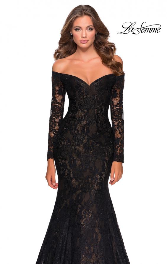 Picture of: Off the Shoulder Lace Long Sleeve Prom Dress in Black, Style: 28569, Detail Picture 6