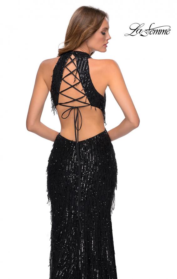 Picture of: High Neck Sequin Fringe Dress with Tie Up Back in Black, Style: 28819, Detail Picture 6