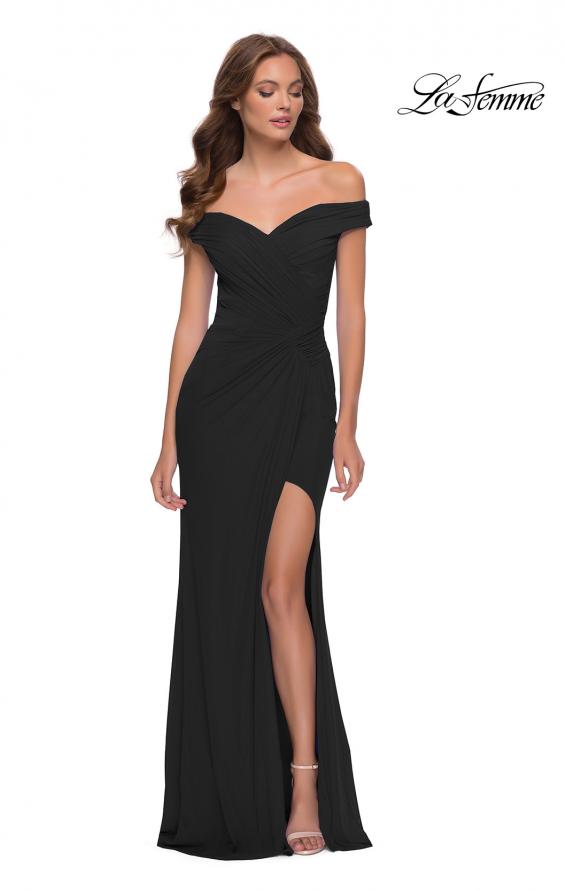 Picture of: Off the Shoulder Net Jersey Dress with Ruching in Black, Style 29756, Detail Picture 6