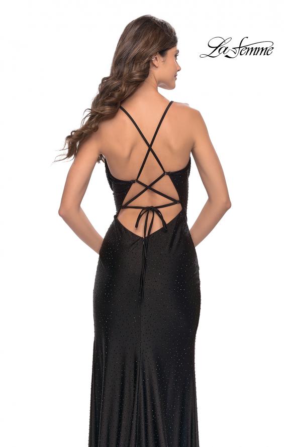 Picture of: Drape Neckline Jeweled Jersey Prom Dress with High Slit in Black, Style: 31221, Detail Picture 6