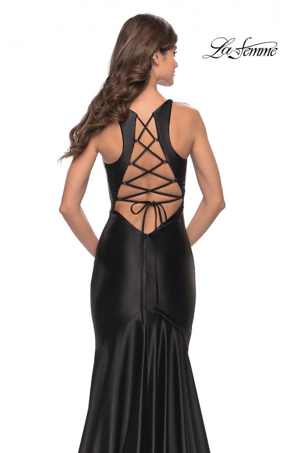Picture of: Trumpet Liquid Jersey Dress with Deep V Mesh Neckline in Black, Style: 31377, Detail Picture 6
