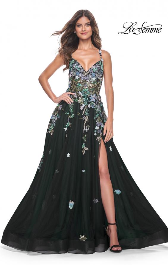 Picture of: Gorgeous Sequin Floral Lace Applique A-Line Tulle Prom Dress in Black, Style: 32023, Detail Picture 6