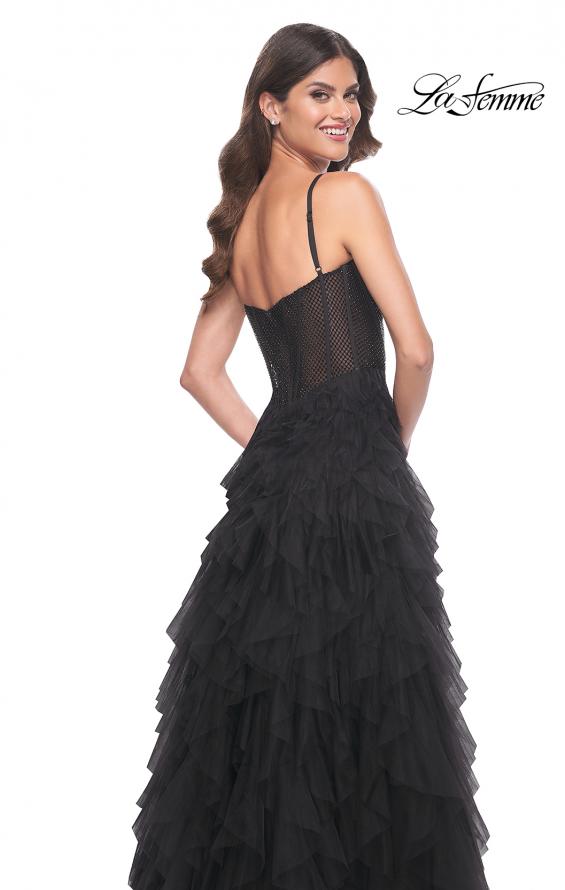 Picture of: Tulle A-Line Dress with Ruffle Skirt and Buster Rhinestone Fishnet Bodice in Black, Style: 32233, Detail Picture 6