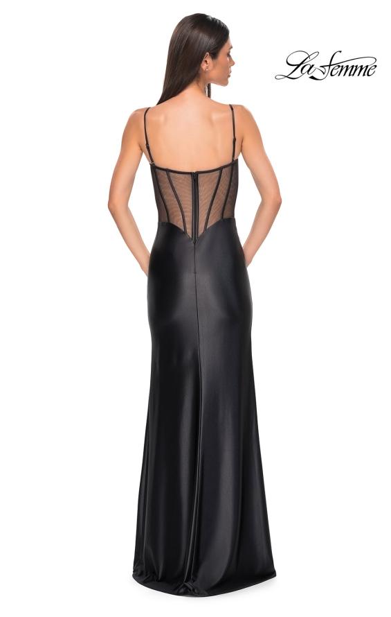 Picture of: Chic Stretch Satin Dress with Illusion Mesh Back in Black , Style 32640, Detail Picture 6