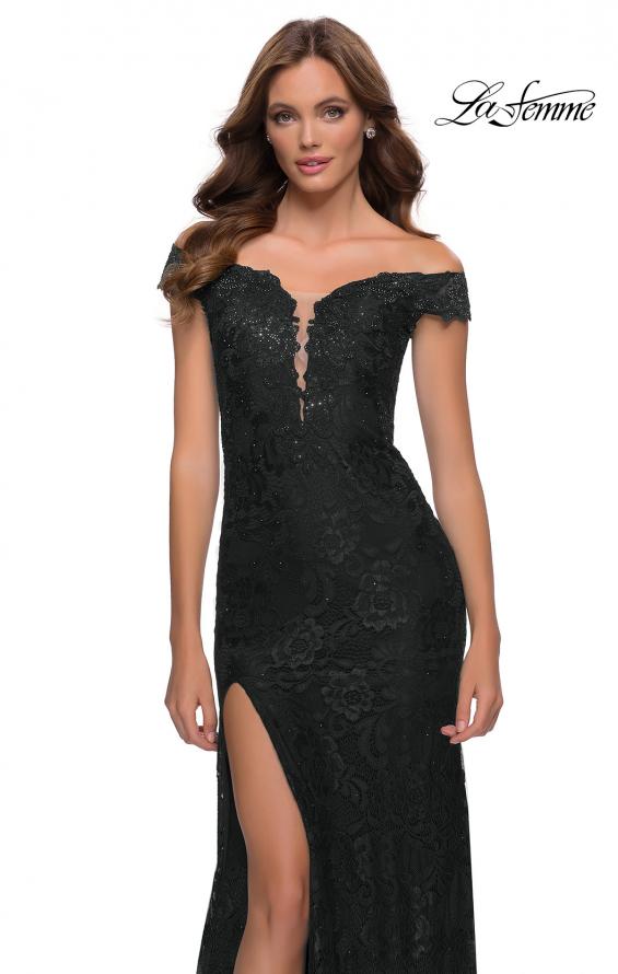 Picture of: Lace Off the Shoulder Gown with Deep V Neckline in Black, Style 29693, Detail Picture 7