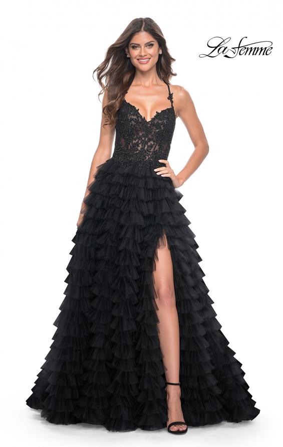 Picture of: Ruffle Tulle Prom Gown with Illusion Lace Bodice and High Slit in Black, Style: 32128, Detail Picture 7
