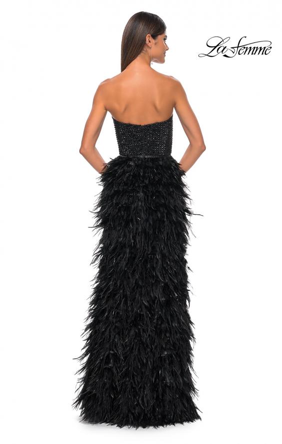 Picture of: Feather Prom Gown with High Slit and Full Rhinestone Strapless Bodice in Black, Style: 32165, Detail Picture 7