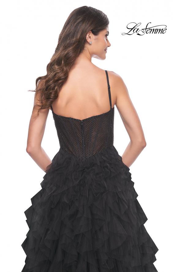 Picture of: Tulle A-Line Dress with Ruffle Skirt and Buster Rhinestone Fishnet Bodice in Black, Style: 32233, Detail Picture 7