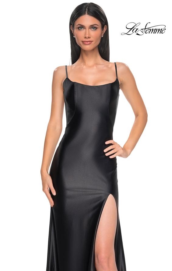 Picture of: Chic Stretch Satin Dress with Illusion Mesh Back in Black , Style 32640, Detail Picture 7