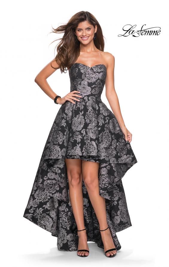 Picture of: Floral Print High-Low Strapless Prom Dress in Black Silver, Style: 27468, Main Picture