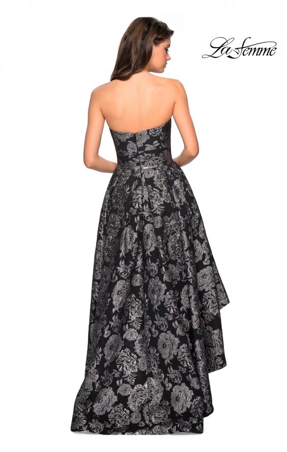 Picture of: Floral Print High-Low Strapless Prom Dress in Black Silver, Style: 27468, Back Picture