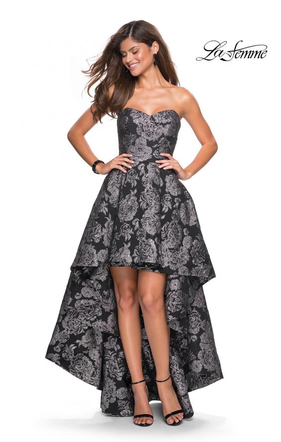 Picture of: Floral Print High-Low Strapless Prom Dress in Black Silver, Style: 27468, Detail Picture 1