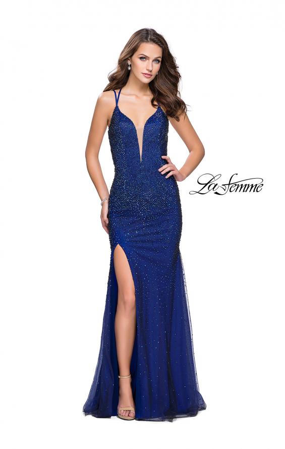 Picture of: Metallic Beaded Form Fitting Prom Dress with Slit in Blue, Style: 26228, Main Picture