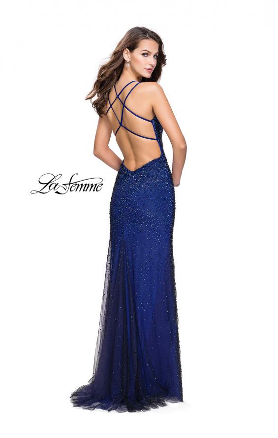 Picture of: Metallic Beaded Form Fitting Prom Dress with Slit in Blue, Style: 26228, Back Picture