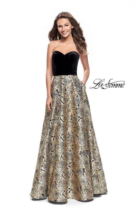 Picture of: Strapless Ball Gown with Velvet Bodice and Rose Print Skirt in Black Gold, Style: 25581, Main Picture