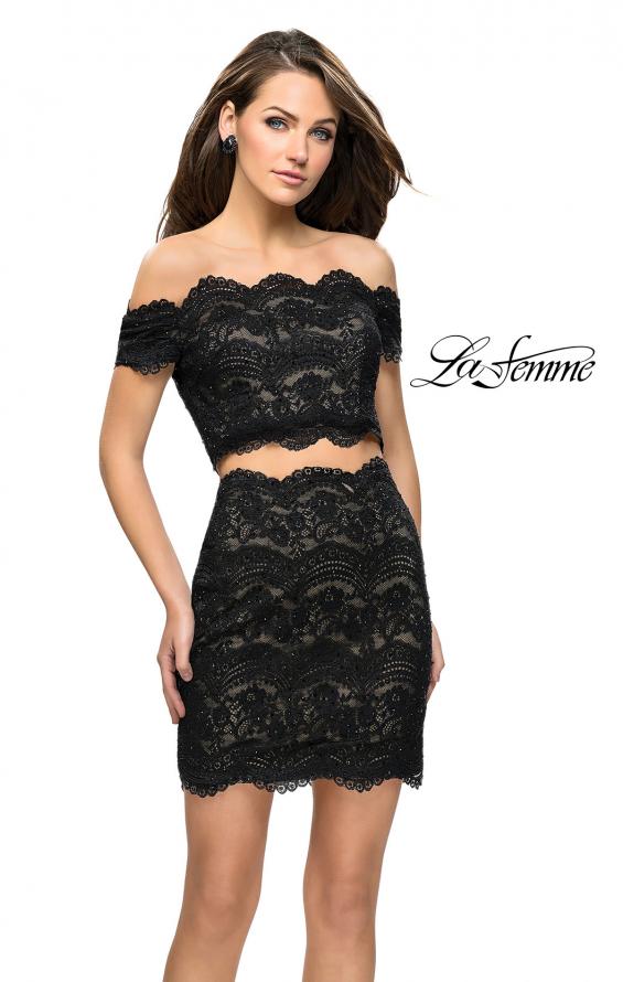 Picture of: Lace Two Piece Dress Set with Off the Shoulder Top in Black Nude, Style: 26666, Main Picture