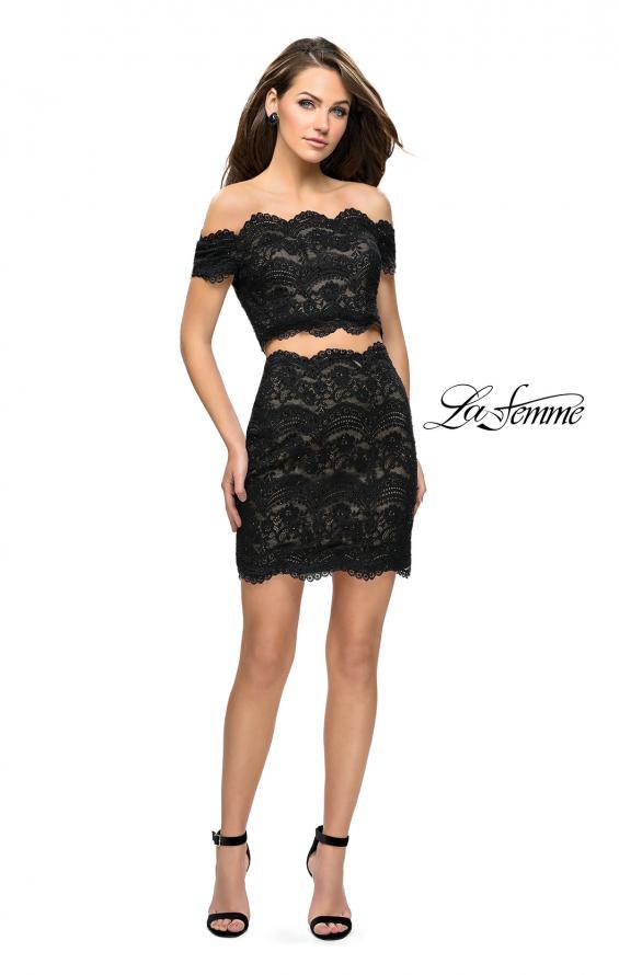 Picture of: Lace Two Piece Dress Set with Off the Shoulder Top in Black Nude, Style: 26666, Detail Picture 1