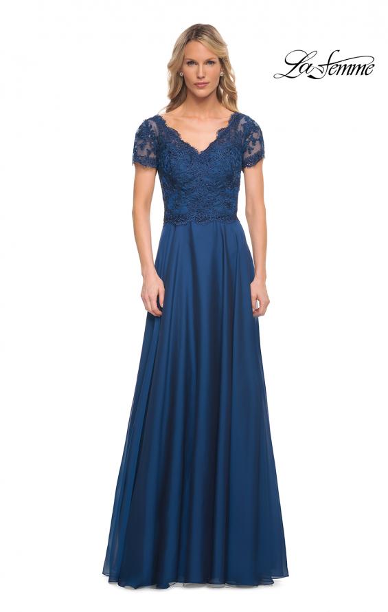Picture of: Long Chiffon Dress with Lace Bodice and Pockets in Midnight Blue, Style: 27098, Detail Picture 4