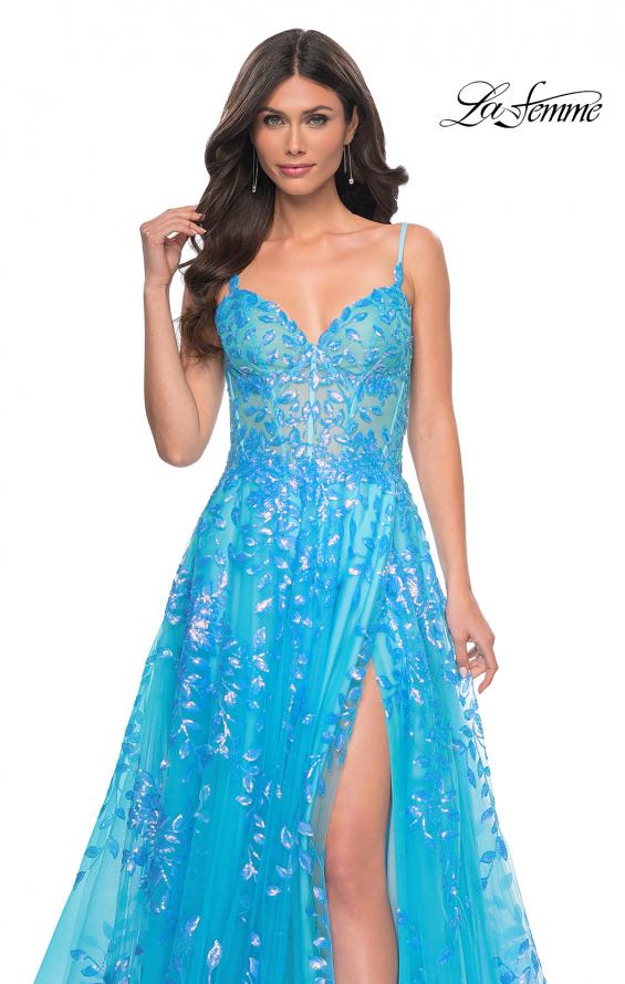 Picture of: Sequin Lace Print Tulle A-Line Prom Dress with Illusion Bodice in Blue, Style: 32223, Detail Picture 8