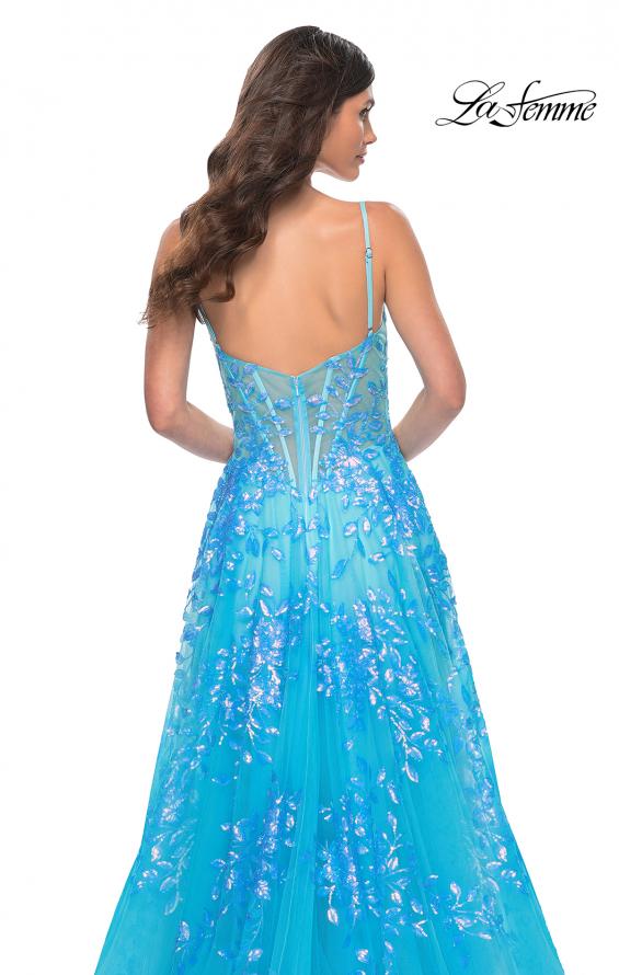 Picture of: Sequin Lace Print Tulle A-Line Prom Dress with Illusion Bodice in Blue, Style: 32223, Detail Picture 9