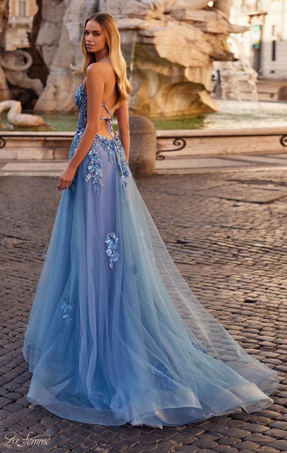 Picture of: Gorgeous Beaded Lace Applique Gown with Illusion Bodice in Blue, Style: 32057, Back Picture