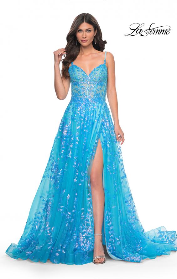 Picture of: Sequin Lace Print Tulle A-Line Prom Dress with Illusion Bodice in Blue, Style: 32223, Detail Picture 1