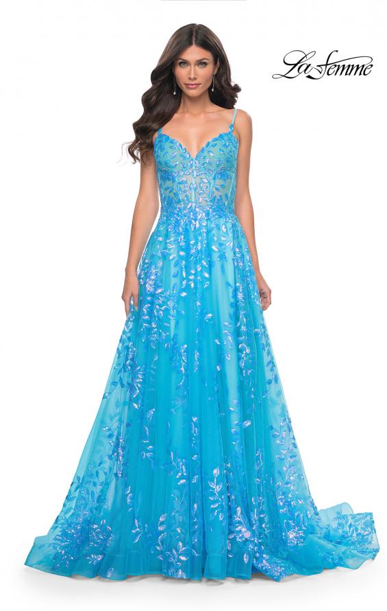 Picture of: Sequin Lace Print Tulle A-Line Prom Dress with Illusion Bodice in Blue, Style: 32223, Detail Picture 6