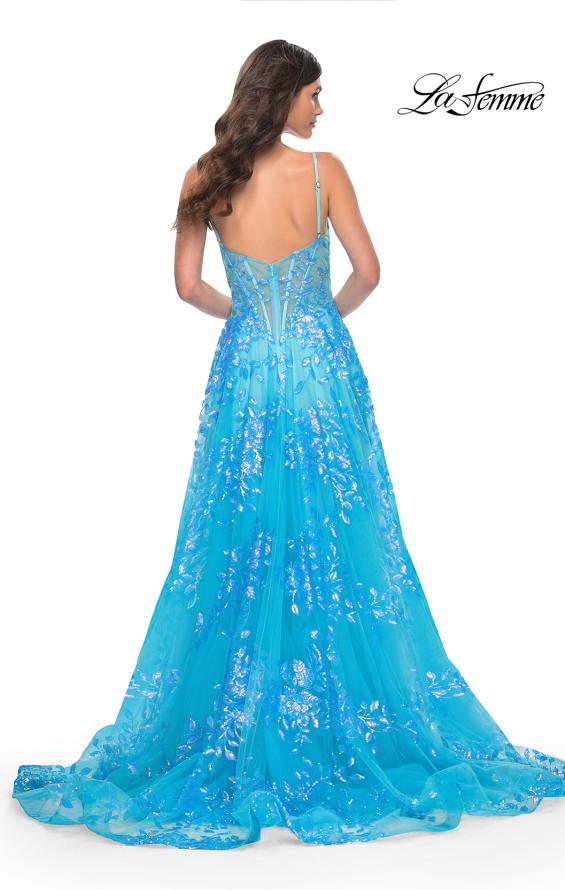 Picture of: Sequin Lace Print Tulle A-Line Prom Dress with Illusion Bodice in Blue, Style: 32223, Detail Picture 7