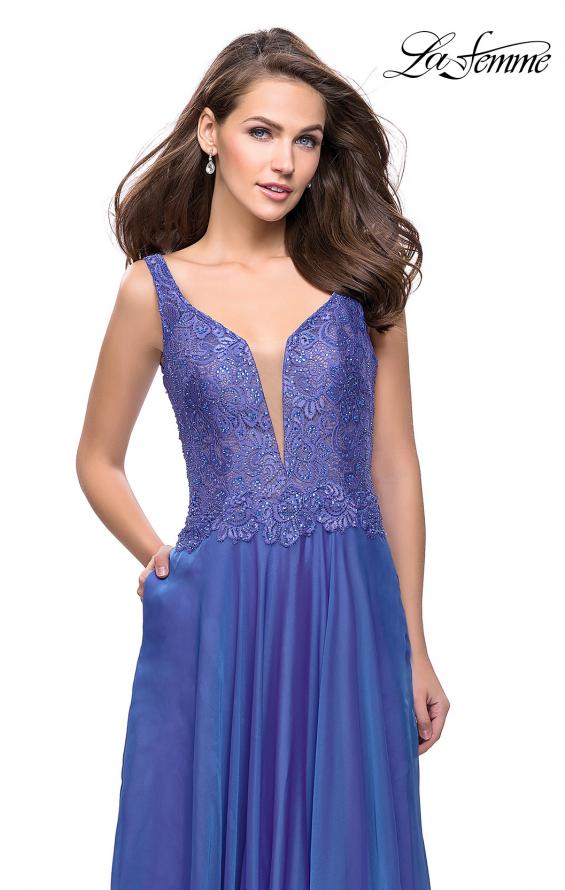 Picture of: Long Evening Gown with Chiffon Skirt and Scoop Open Back in Blue Violet, Style: 25513, Detail Picture 1