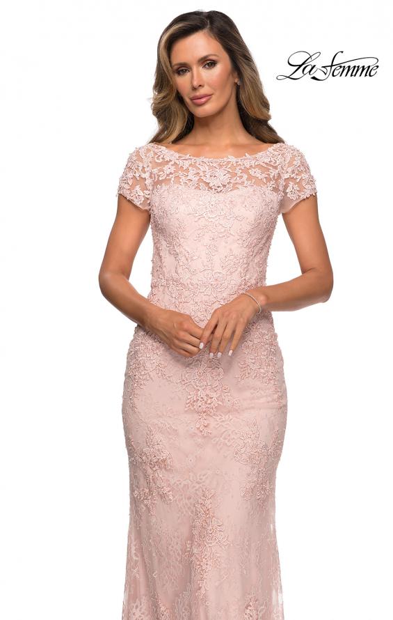 Picture of: Long Lace Evening Dress with Sheer Cap Sleeves in Blush, Style: 27856, Main Picture