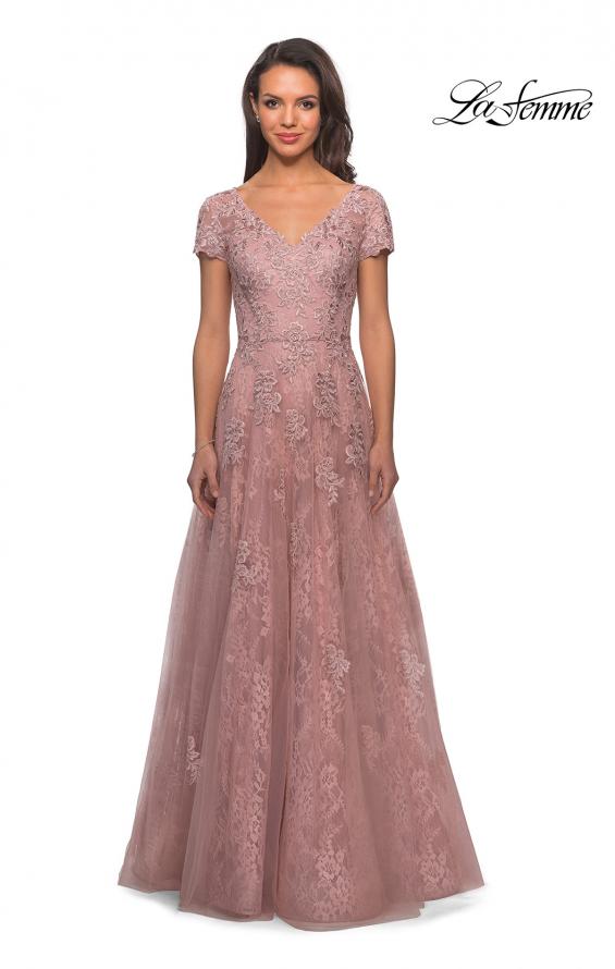 Picture of: Long A-Line Evening Dress with Short Sleeves in Blush, Main Picture