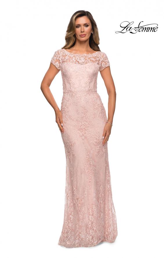 Picture of: Long Lace Evening Dress with Sheer Cap Sleeves in Blush, Style: 27856, Detail Picture 3