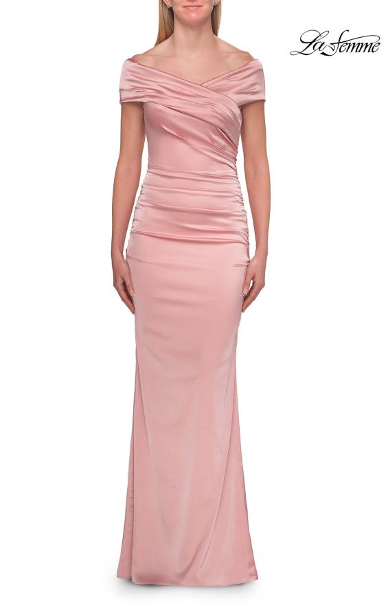 Picture of: Off-the-Shoulder Ruched Satin Evening Gown in Blush, Style: 33620, Detail Picture 3