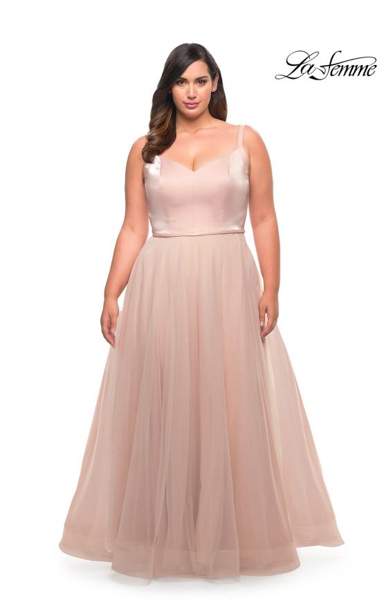 Picture of: Long Plus Size Gown with Tulle Skirt and Satin Top in Blush, Style: 29072, Detail Picture 1