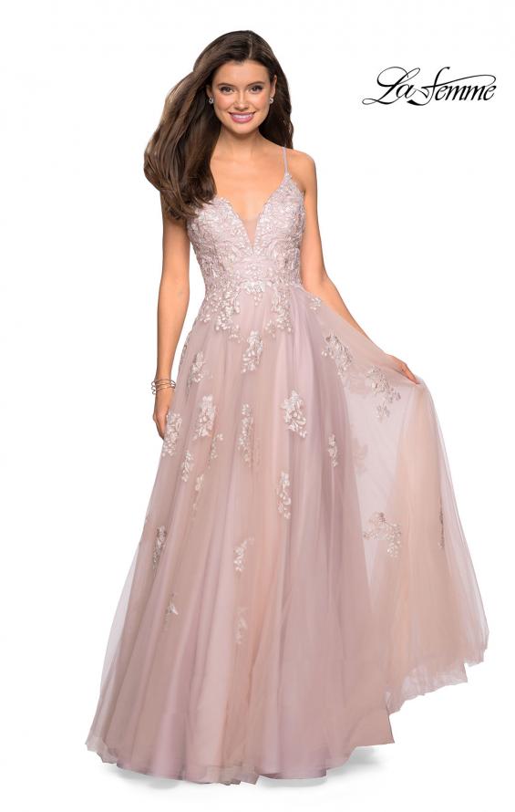 Picture of: A Line Lace Evening Dress with V Neckline in Blush, Style: 27320, Main Picture