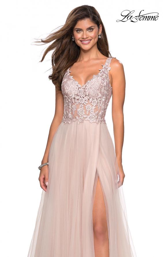 Picture of: Long Tulle Gown with Embellished Sheer Bodice in Blush, Style: 27574, Main Picture