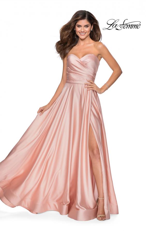 Picture of: Strapless Satin Gown with Pleated Bodice and Slit in Blush, Style: 28608, Main Picture