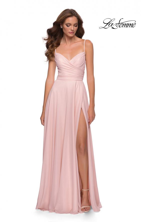 Picture of: Metallic Crepe Chiffon Gown with Ruching and Full Skirt in Blush, Style 29775, Main Picture