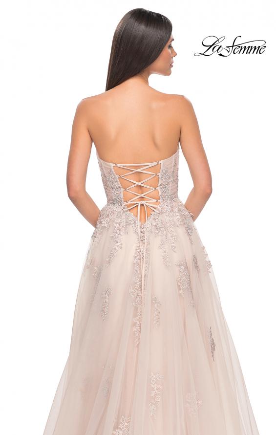 Picture of: Lace Up A-Line Dress with Ruched Bodice and Sweetheart Top in Blush, Style: 32084, Detail Picture 16