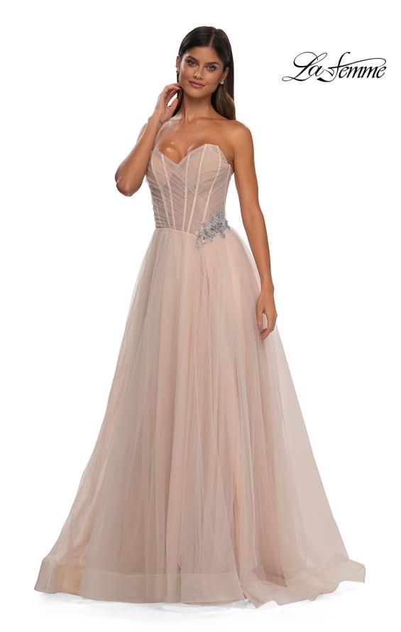 Picture of: Strapless A-line Tulle Dress with Floral Waist Detail in Blush, Style: 32789, Detail Picture 16