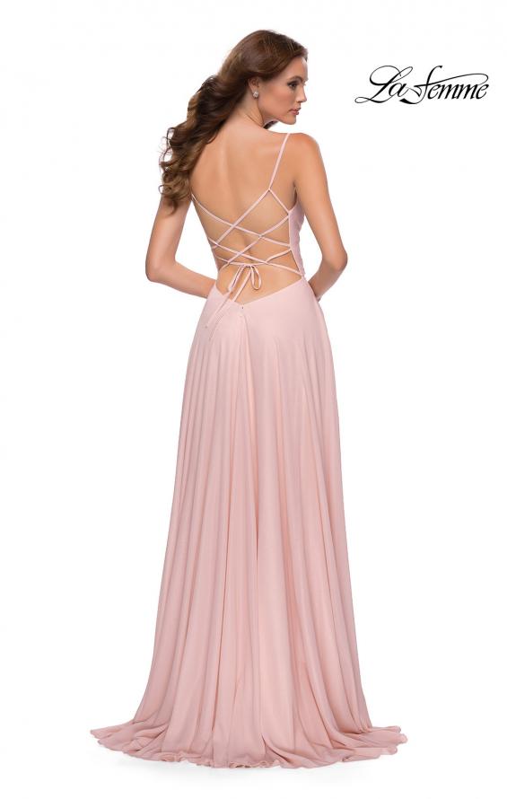 Picture of: Metallic Crepe Chiffon Gown with Ruching and Full Skirt in Blush, Style 29775, Back Picture