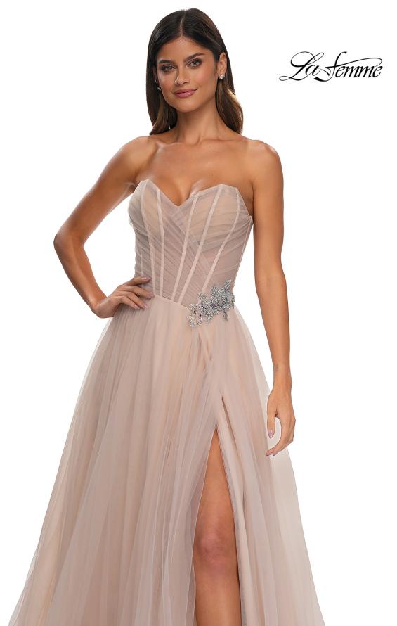 Picture of: Strapless A-line Tulle Dress with Floral Waist Detail in Blush, Style: 32789, Detail Picture 25