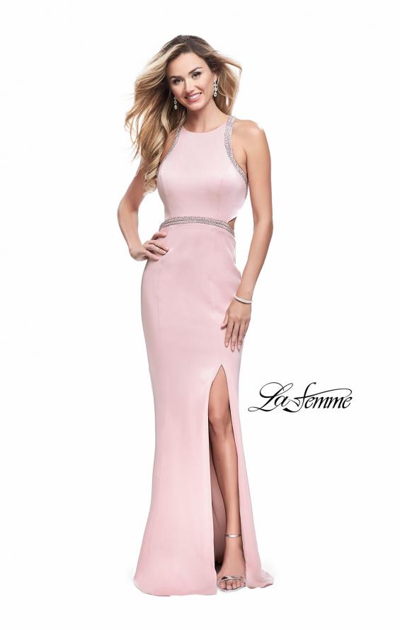 Picture of: Long Jersey Prom Dress with High Neck and Cut Outs in Blush, Style: 26069, Detail Picture 1