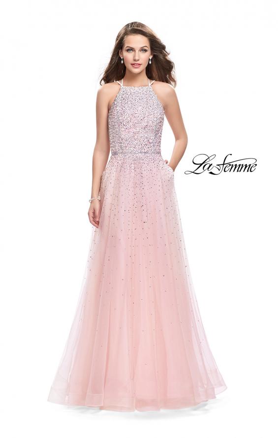Picture of: High Neck Tulle A-line Prom Dress with Pockets in Blush, Style: 26250, Detail Picture 1