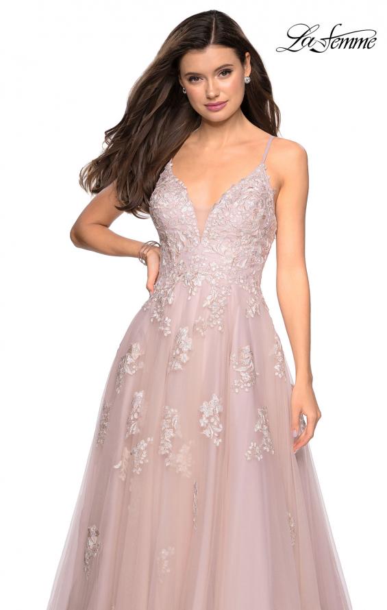 Picture of: A Line Lace Evening Dress with V Neckline in Blush, Style: 27320, Detail Picture 1